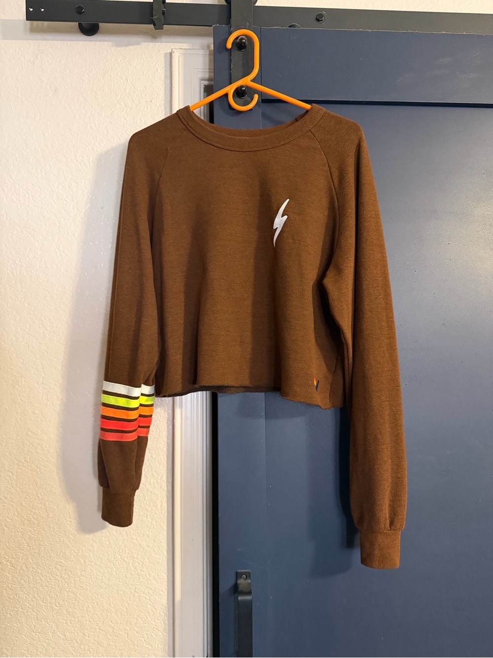 Aviator Nation Brown Cropped Sweatshirt with Rainbow Stripe Sleeve
